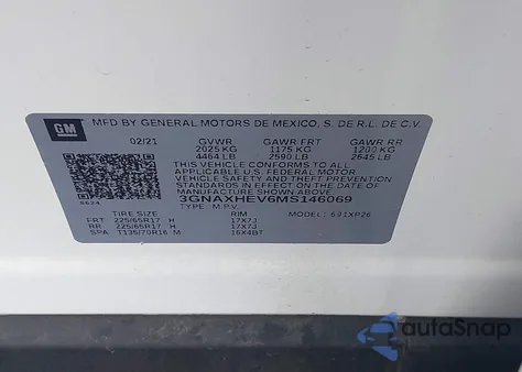 2021 Chevrolet Equinox Ls z USA, uszkodzony, nr VIN 3GNAXHEV6MS146069